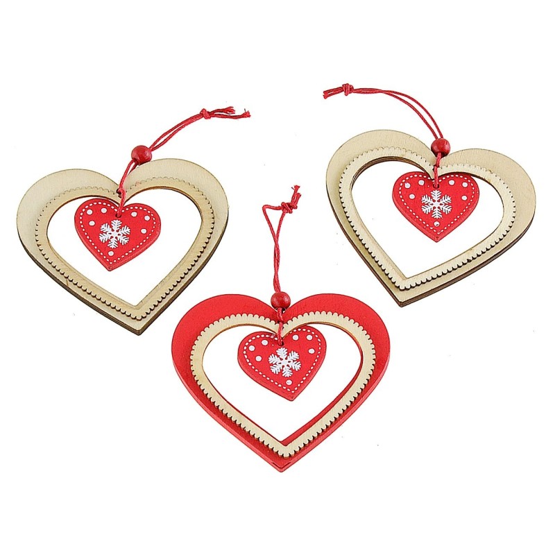 Set 3 appendini cuore in legno cm 8x7,5 h