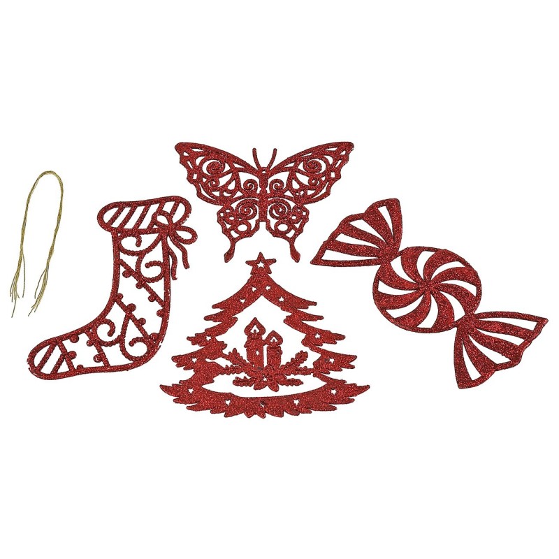 Conjunto de 4 decoraciones para árbol de Navidad rojo con purpurina navideña.