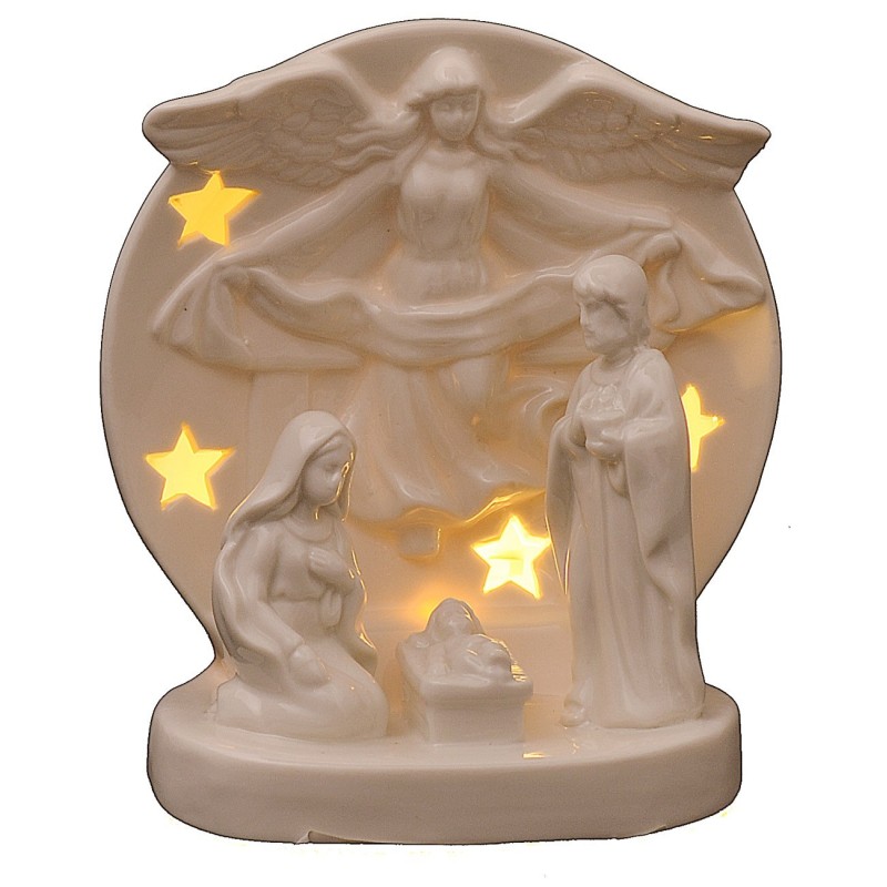 Natividad con ángel en porcelana iluminada de 12,5x10x16 cm h