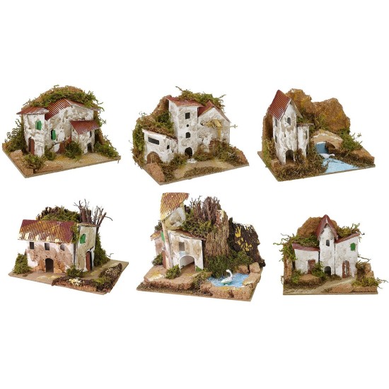 Set 6 gruppi di casette per presepe cm 15x10,5x10 h sughero