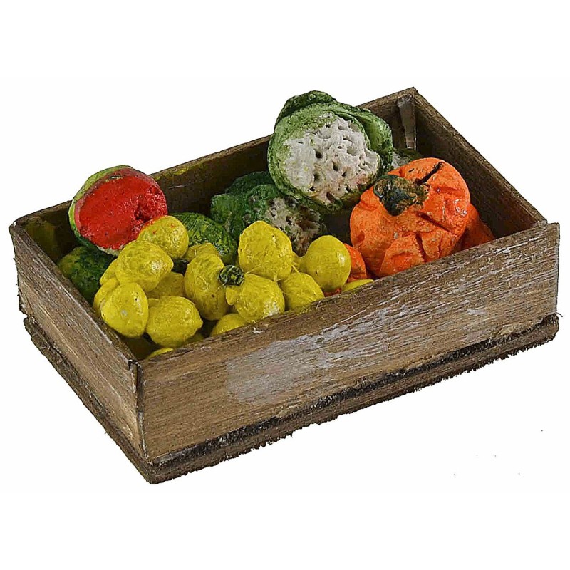 Wooden box with assorted fruit and vegetables 7x4x2.3 h cm