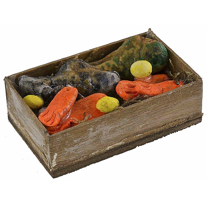 Caja de madera con pescado variado de 7x4x2,2 cm de altura, estatuas.