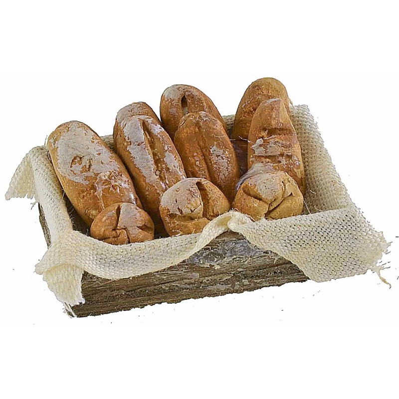 Wooden crate with bread on a cloth, dimensions 5.3x3.5x1.5 cm h