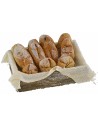 Wooden crate with bread on a cloth, dimensions 5.3x3.5x1.5 cm h