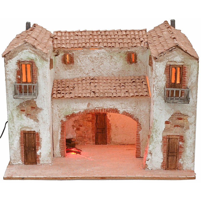 Stuccoed farmhouse with working illuminated fire 50x40x35 cm h