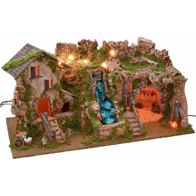 Illuminated nativity scene with cave, waterfall and fire 77x37x38 h cm