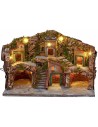 Illuminated nativity scene with two caves and central staircase cm