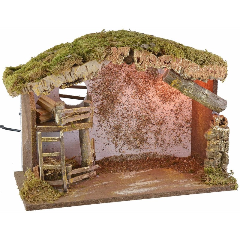 Illuminated hut with barn and woodshed for nativity scene cm