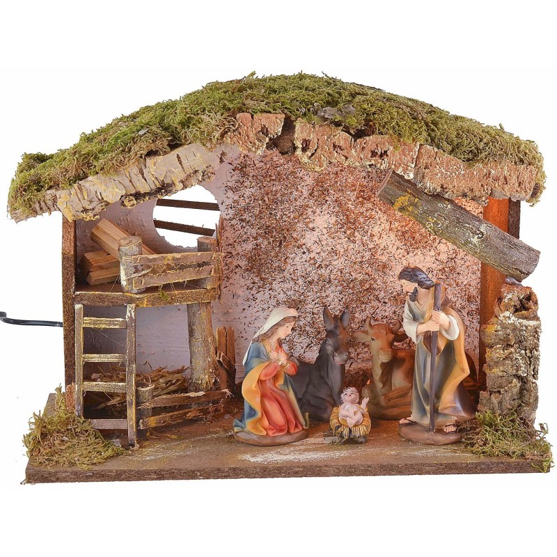 Illuminated hut with barn and woodshed for nativity scene cm