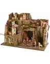 Illuminated nativity scene with central cave complete with figurines cm