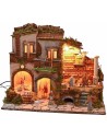 Illuminated nativity scene with complete 18th century style working fountain