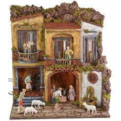 Presepe completo di statue con borgo illuminato, forno e fontana  funzionanti cm 60x49x46 Mondo Presepi