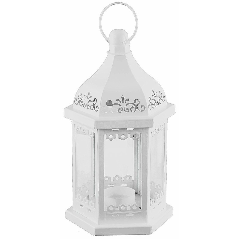 White hexagonal metal lantern with tealight holder h