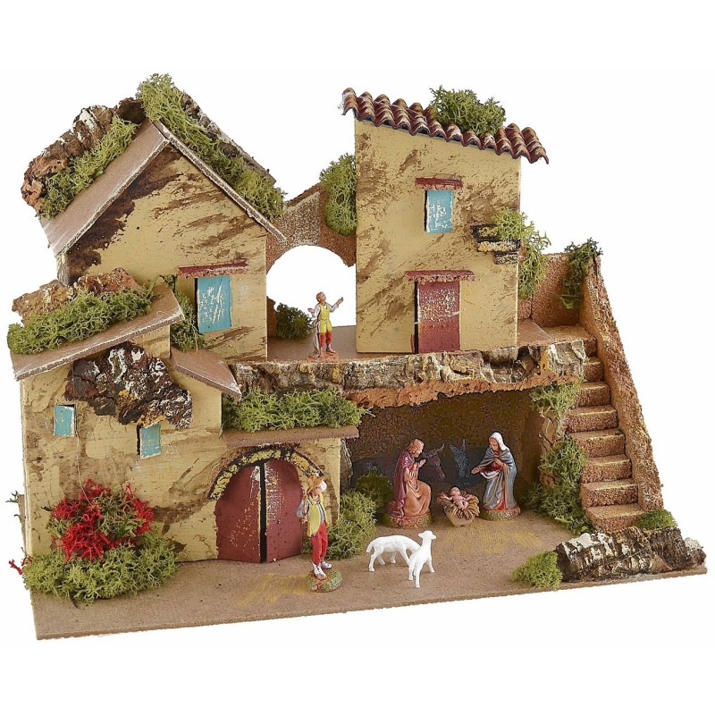 Nativity scene with lateral staircase complete with Landi statues 33x18x22 cm