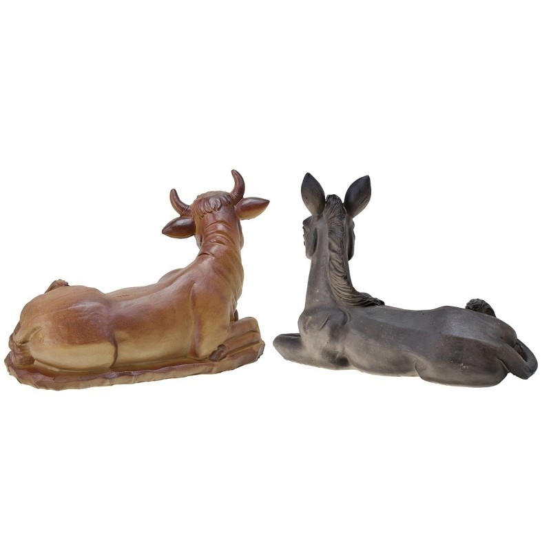 Buey y burro sentados en resina para estatuas de 20 cm de altura.