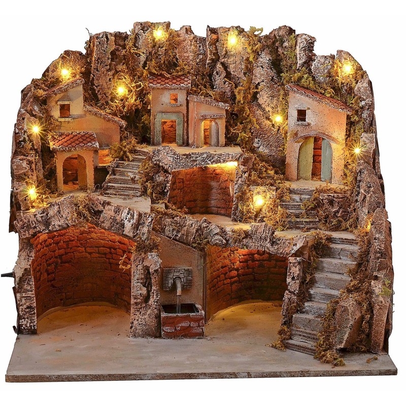 Illuminated nativity scene with caves and working fountain cm