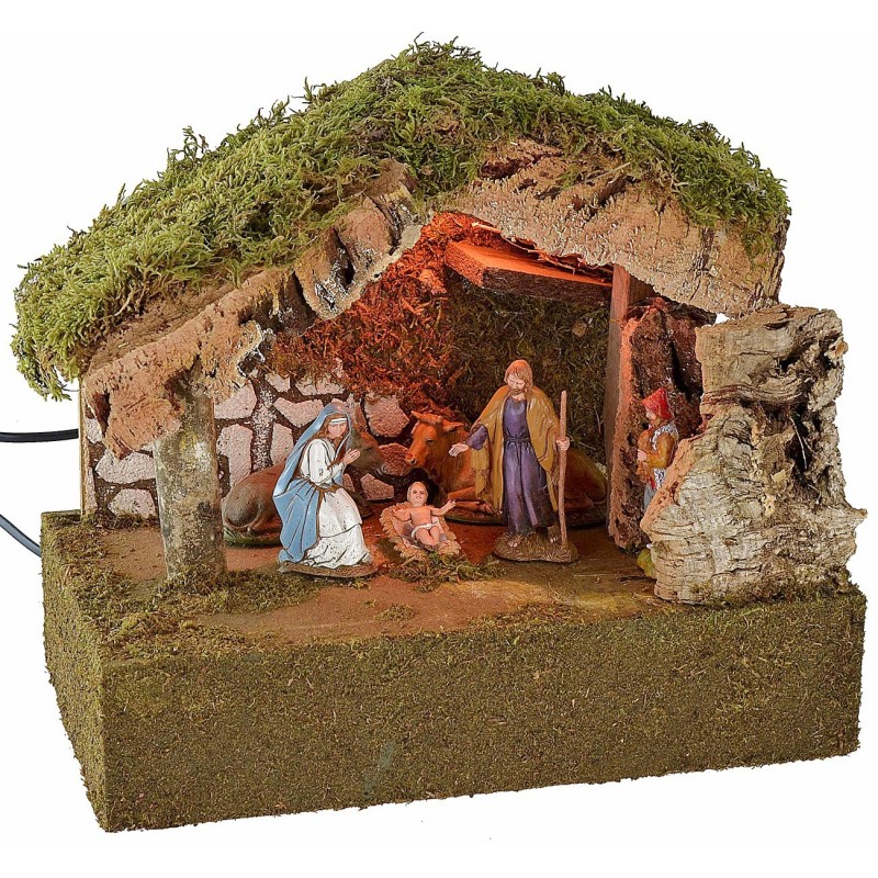 Illuminated hut with Nativity and moving bagpipe player cm