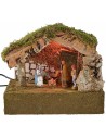 Illuminated hut with Nativity and moving bagpipe player cm