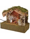 Illuminated hut with Nativity and moving bagpipe player cm