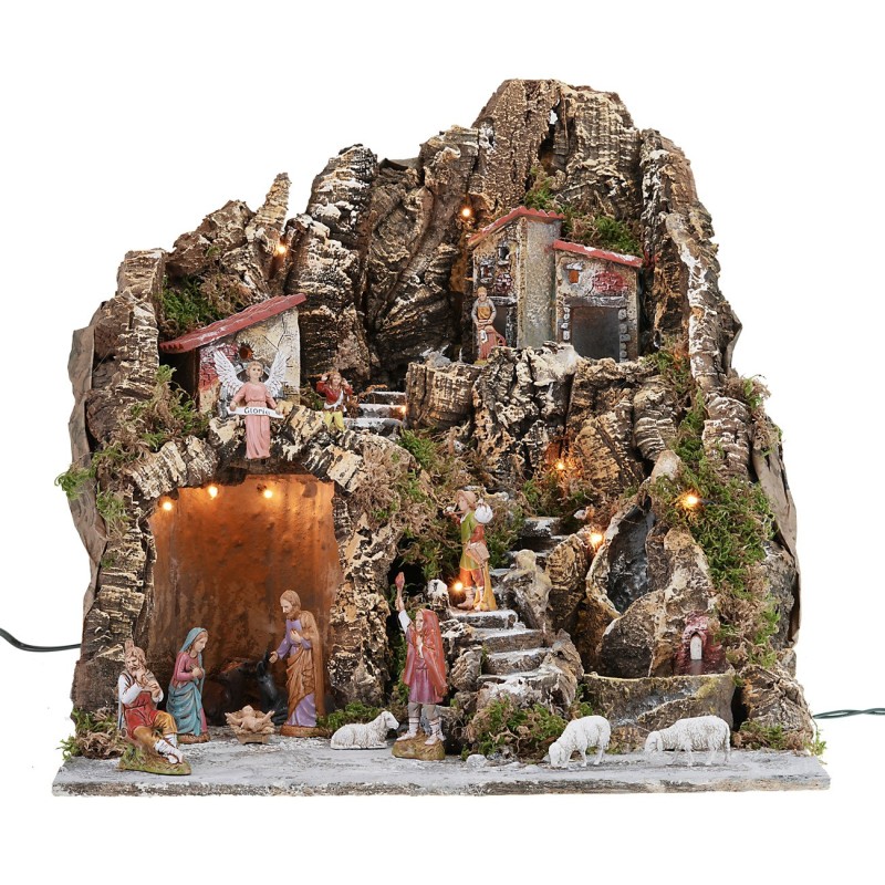 Presepe illuminato con cascata e fontana funzionante completo