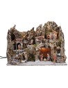 Illuminated nativity scene with working oven and waterfall, complete with