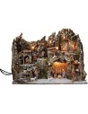 Illuminated nativity scene with working oven and waterfall, complete with