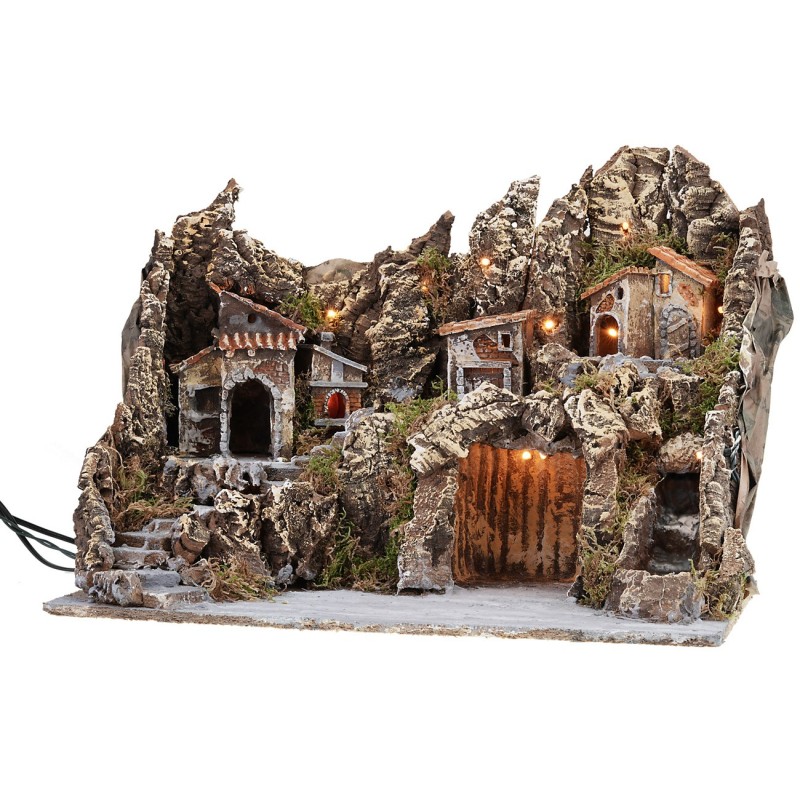 Illuminated nativity scene with working oven and waterfall cm