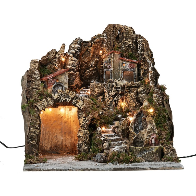 Illuminated nativity scene with waterfall and working fountain cm