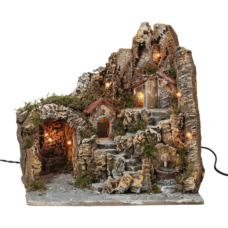 Illuminated nativity scene with a functioning lion head fountain cm