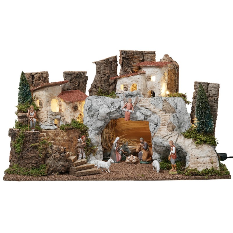 Nativity scene with white stone cave complete with Landi statues