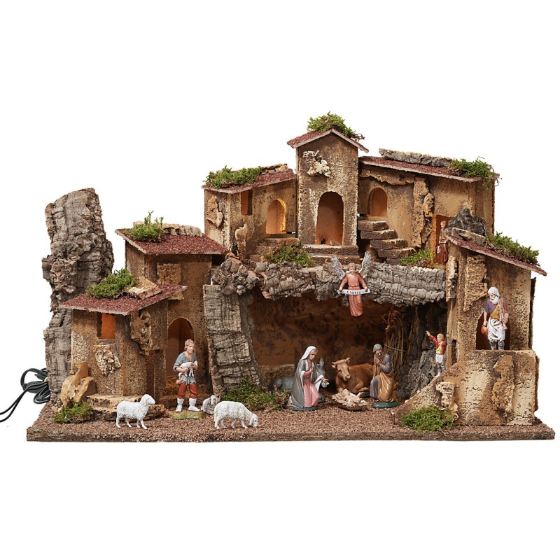 Illuminated nativity scene complete with Landi Moranduzzo statues