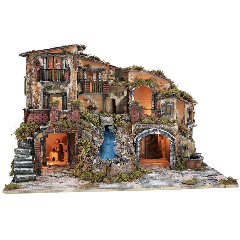 Illuminated nativity scene with waterfall, working fountain, and oven cm