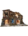 Illuminated nativity scene with waterfall, working fountain, and oven cm