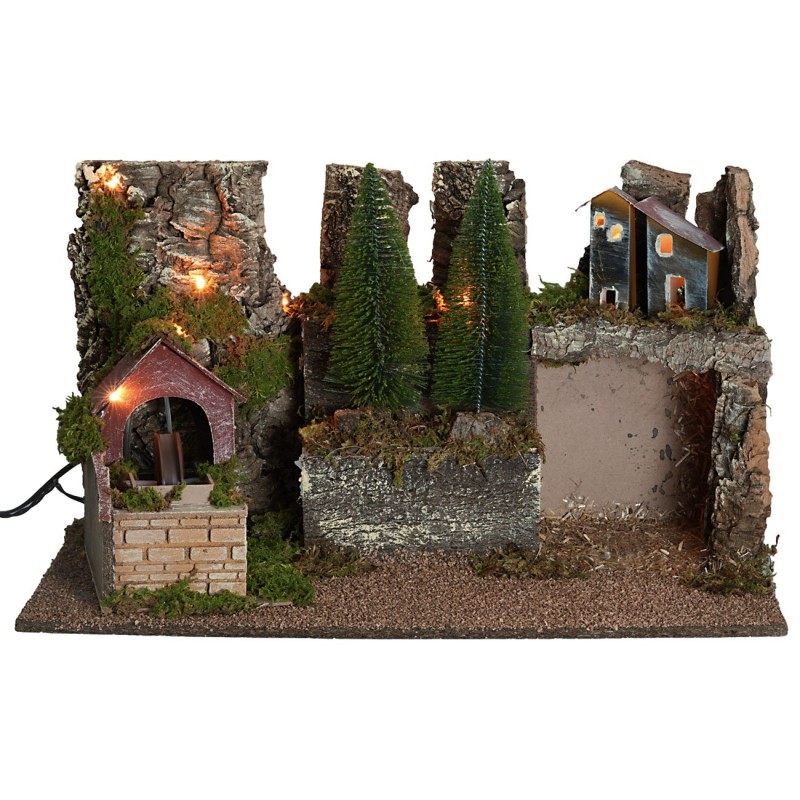 Presepe illuminato con mulino elettrico cm 60x35x35h