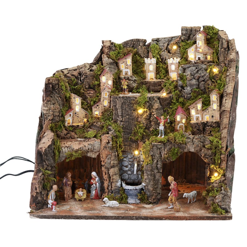 Nativity scene complete with statues, lights, and functional