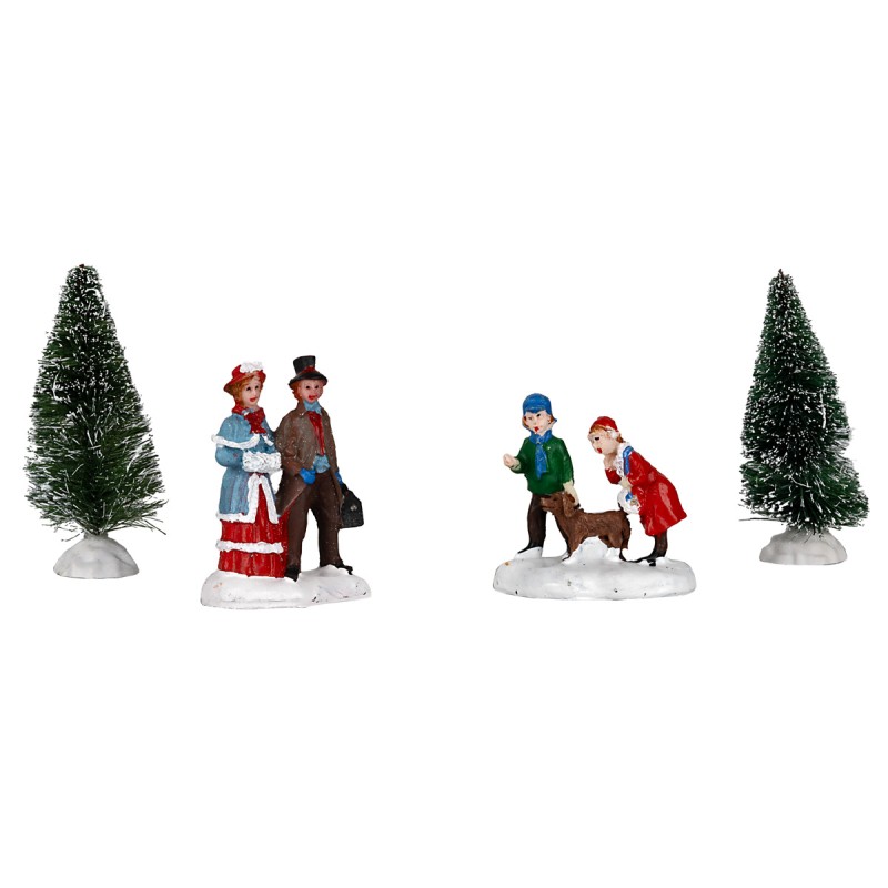 Set of figurines and pines for Christmas Village 4 pcs