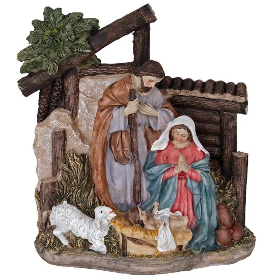 Natività  in resina con San Giuseppe, Maria inginocchiata, Gesù Bambino in culla e pecorella.