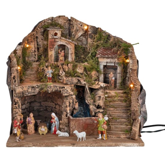 Presepe illuminato completo di cascata e di statue cm 39x30x39h