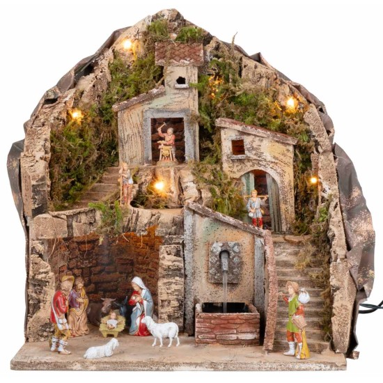 Presepe illuminato con fontana completo di statue 34x27x38h per