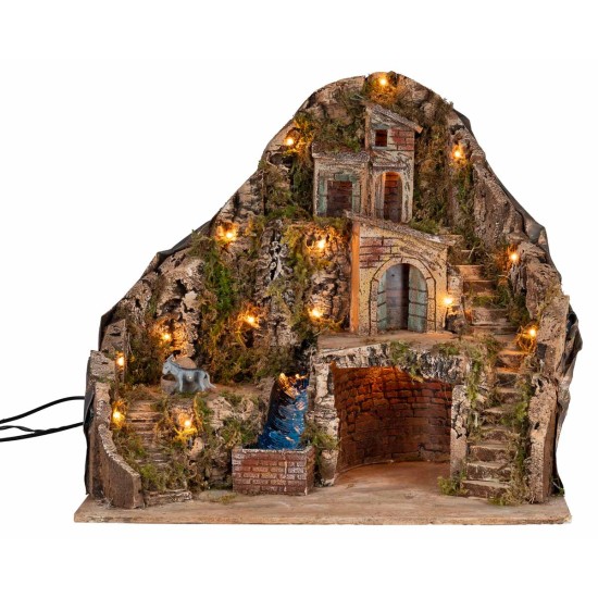 Presepe illuminato con ruscello e asino in movimento 58x40x54h