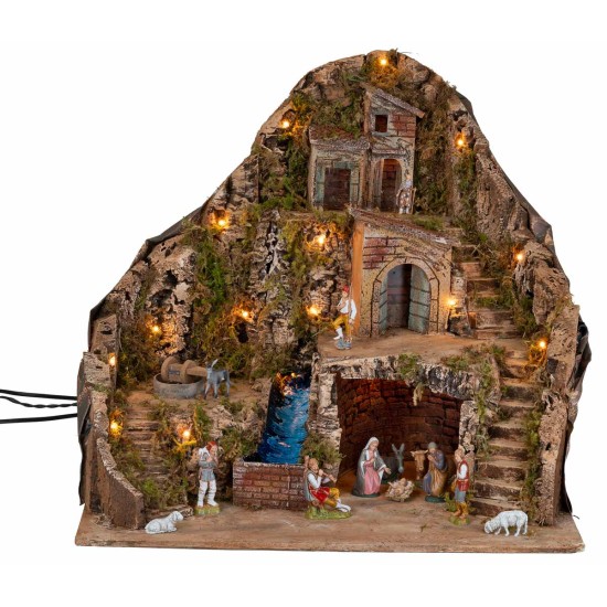 Presepe illuminato con ruscello e asino in movimento 58x40x54h