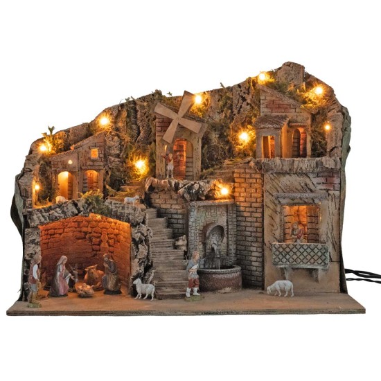 Presepe illuminato con mulino e fontana 60x33x45cm completo di