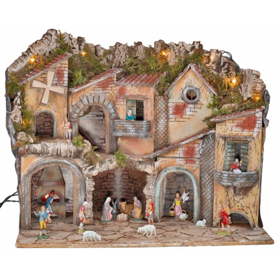 Presepe illuminato con archi, forno, mulino e balconi 70x48x60h