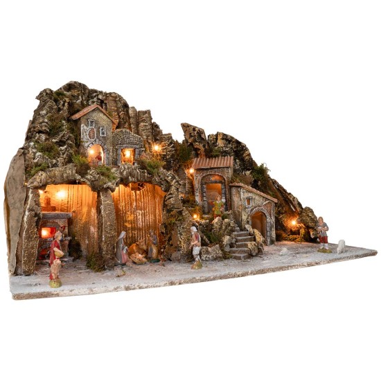 Presepe illuminato con grotte, casette, ruscello e forno