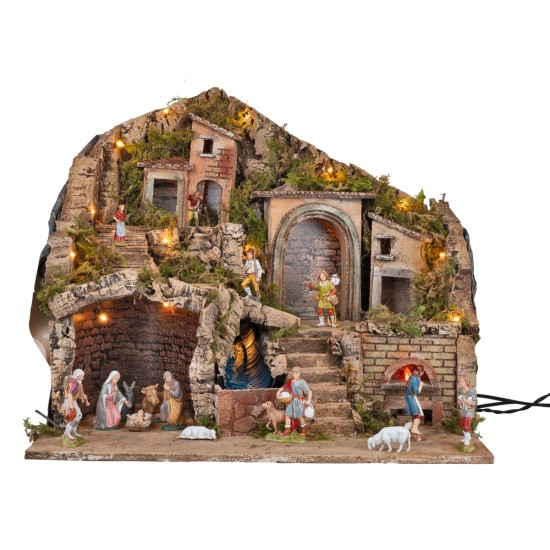 Presepe illuminato con forno e cascata funzionanti a corrente