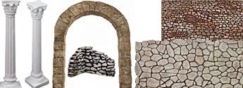 - Columns, arches, low walls, and paving.